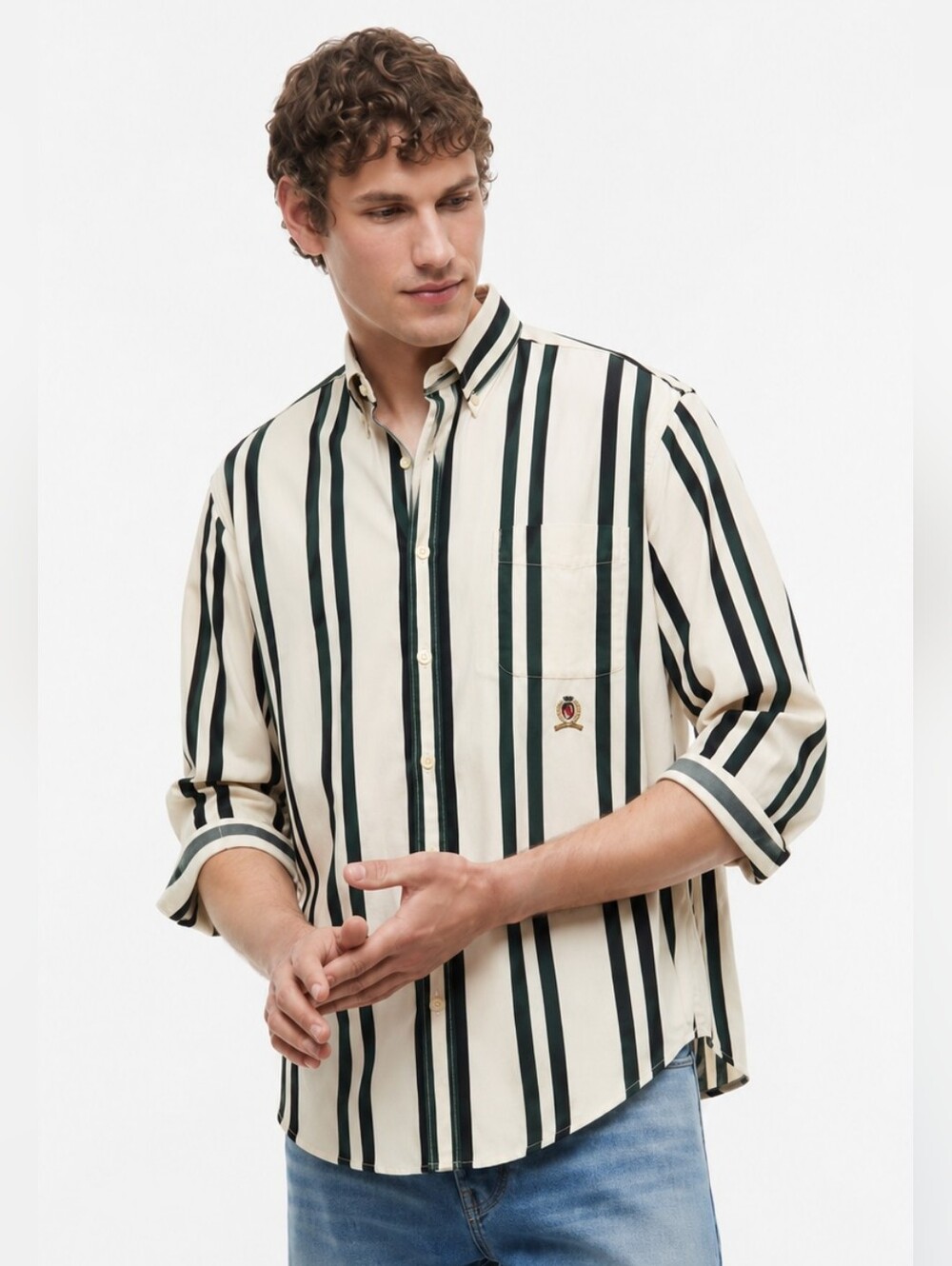 Tommy Hilfiger Cream and Black Vertical Stripe Cotton Button-Down Large